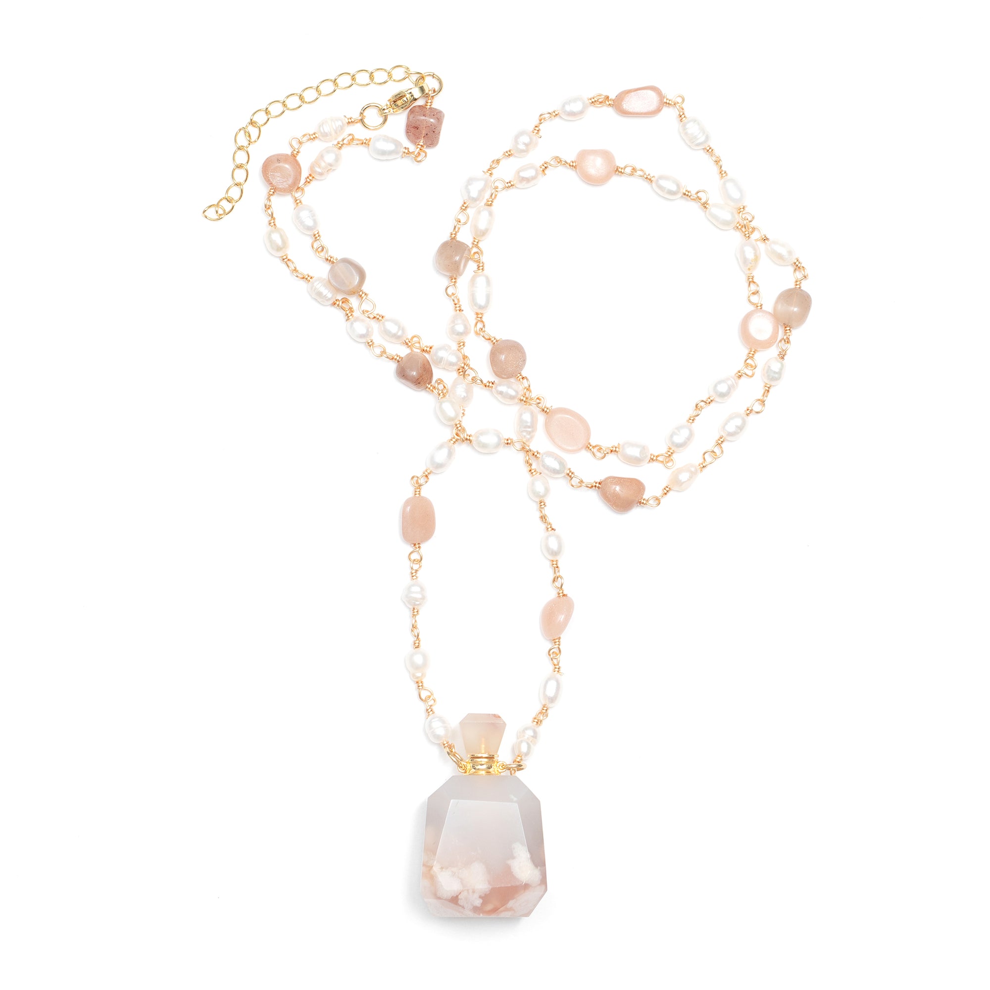 Necklace Sakura Agate Bottle with Bead and Pearl Chain