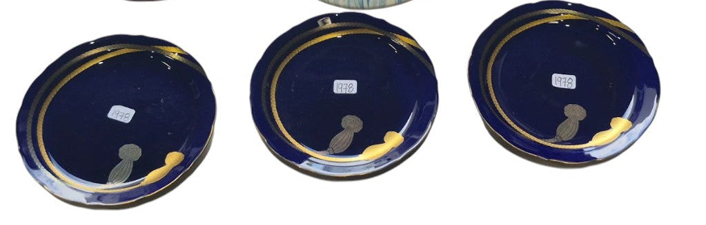 Dark Blue with Gold Hang Painted Japanese Plates  (Set of 3) 1978