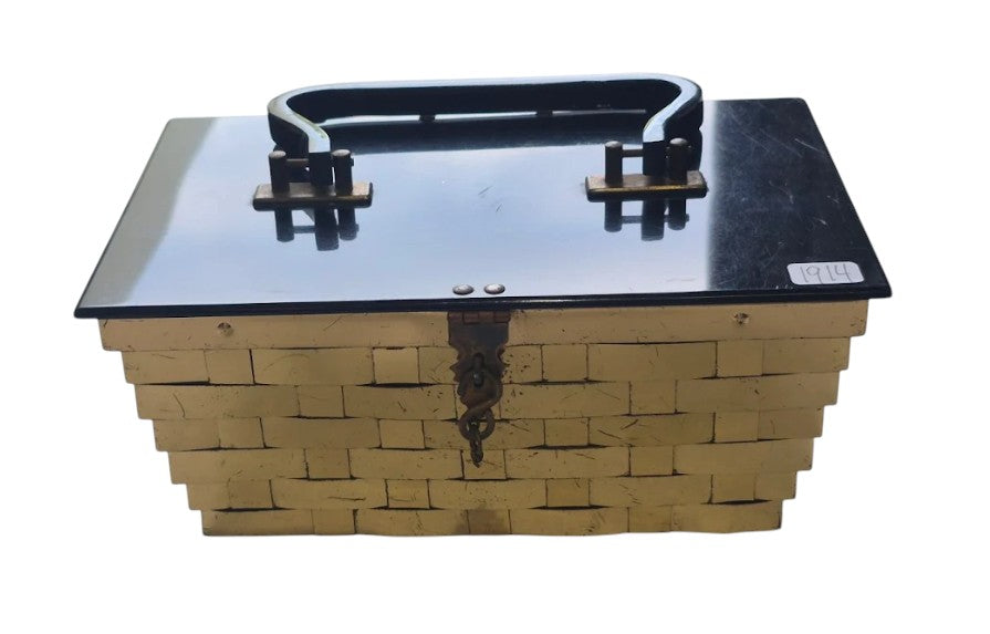 Vintage Metal Purse with Woven Gold and Black Cover 9"x6"x4" 1914